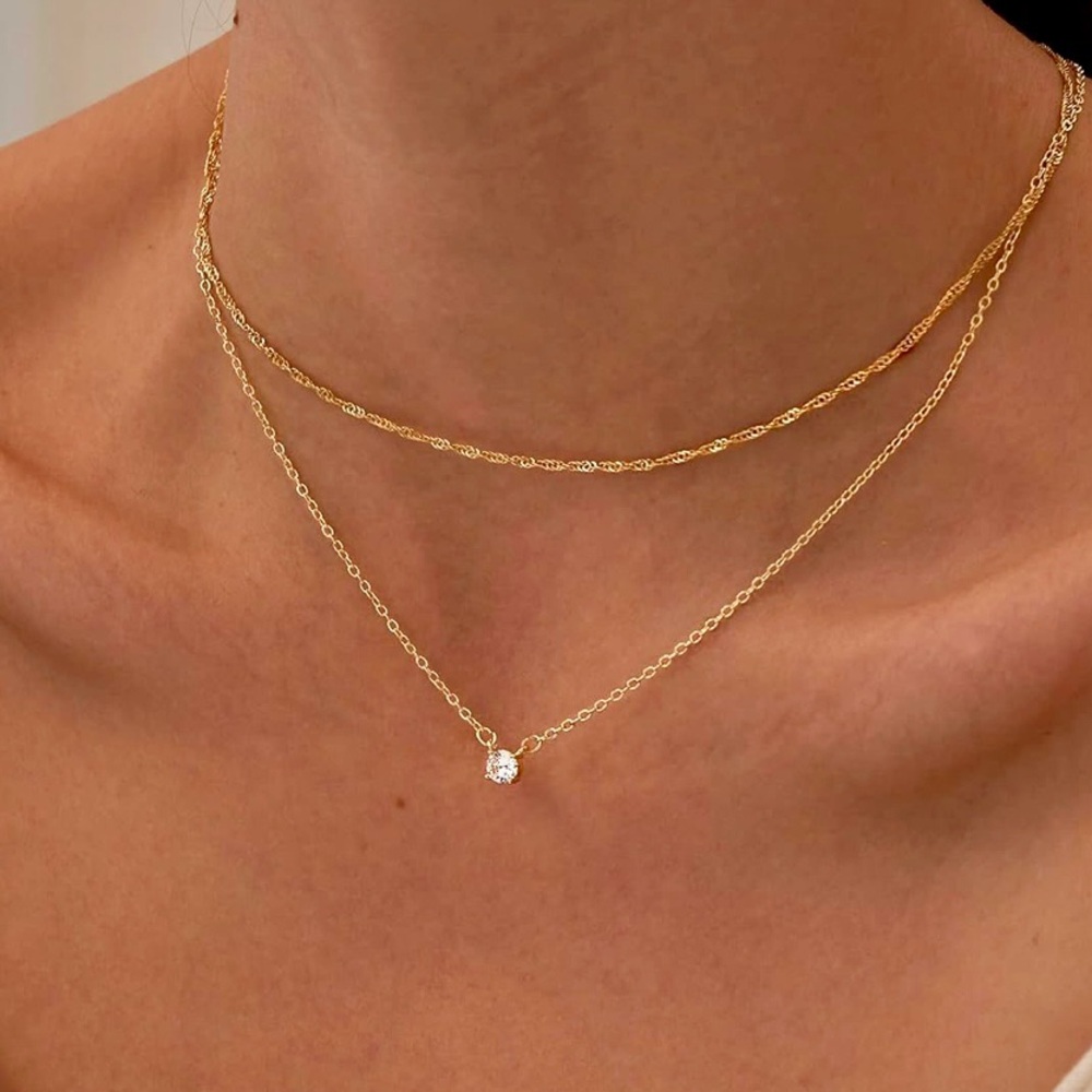 Double Layered Gold Necklace with Solitaire AAAA Cubic Zirconia Pendant NIB